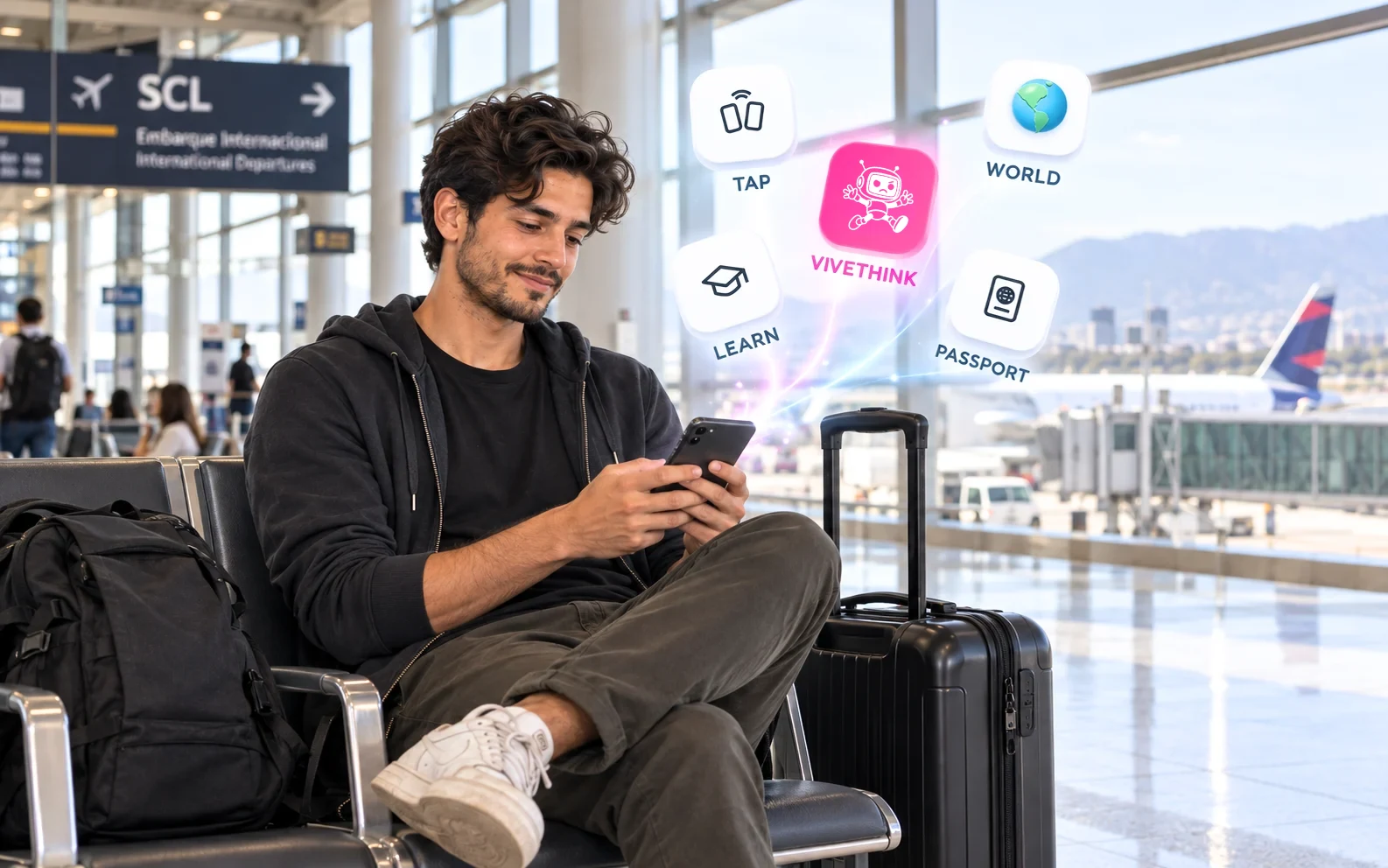 Traveler at the airport planning his trip with the Vivethink app